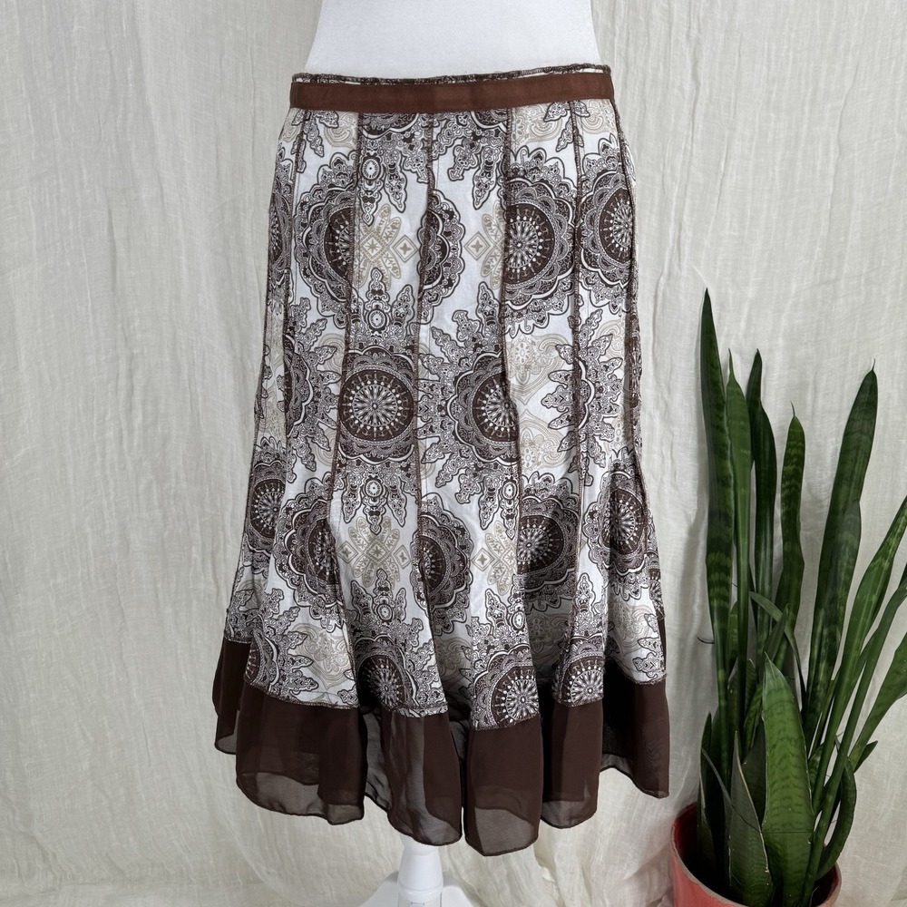 Brown Cotton Boho Flare Midi Skirt Size 16 Mandala Panel Hippie Festival Vtg Y2K